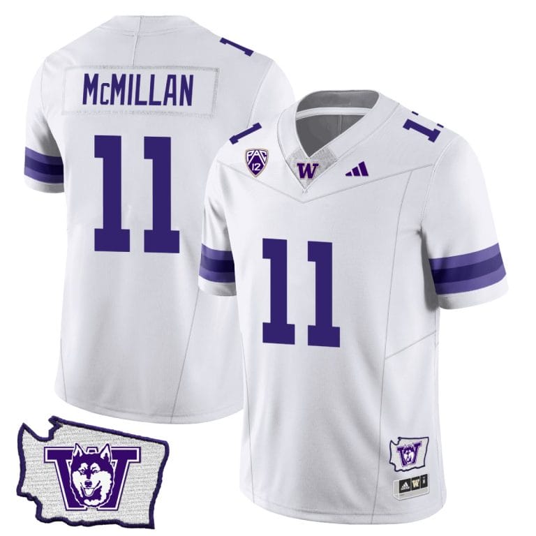 Men's Jalen McMillan Jersey #11 Washington Huskies Washington Map Patch Football White