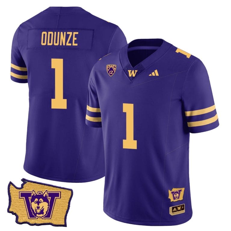 Men's Rome Odunze Jersey #1 Washington Huskies Washington Map Patch Football Purple Gold