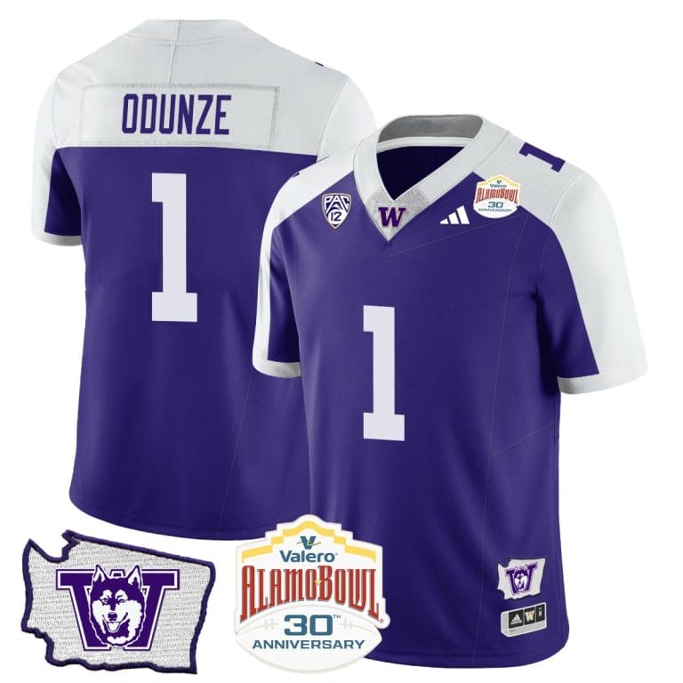 Men's Rome Odunze Jersey #1 Washington Huskies Alamo Bowl Patch Alternate Football Stitched