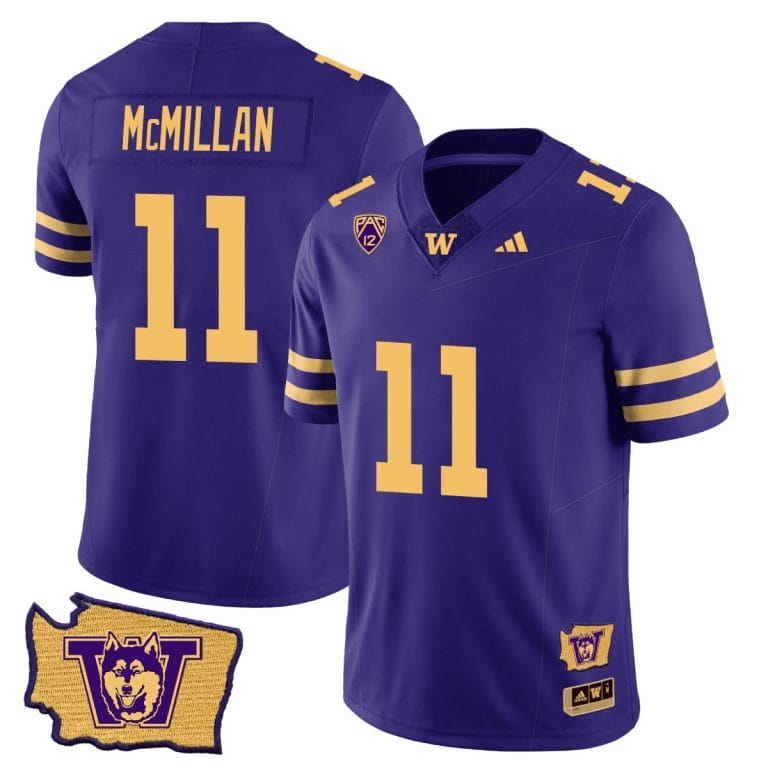 Men's Jalen McMillan Jersey #11 Washington Huskies Washington Map Patch Football Purple Gold