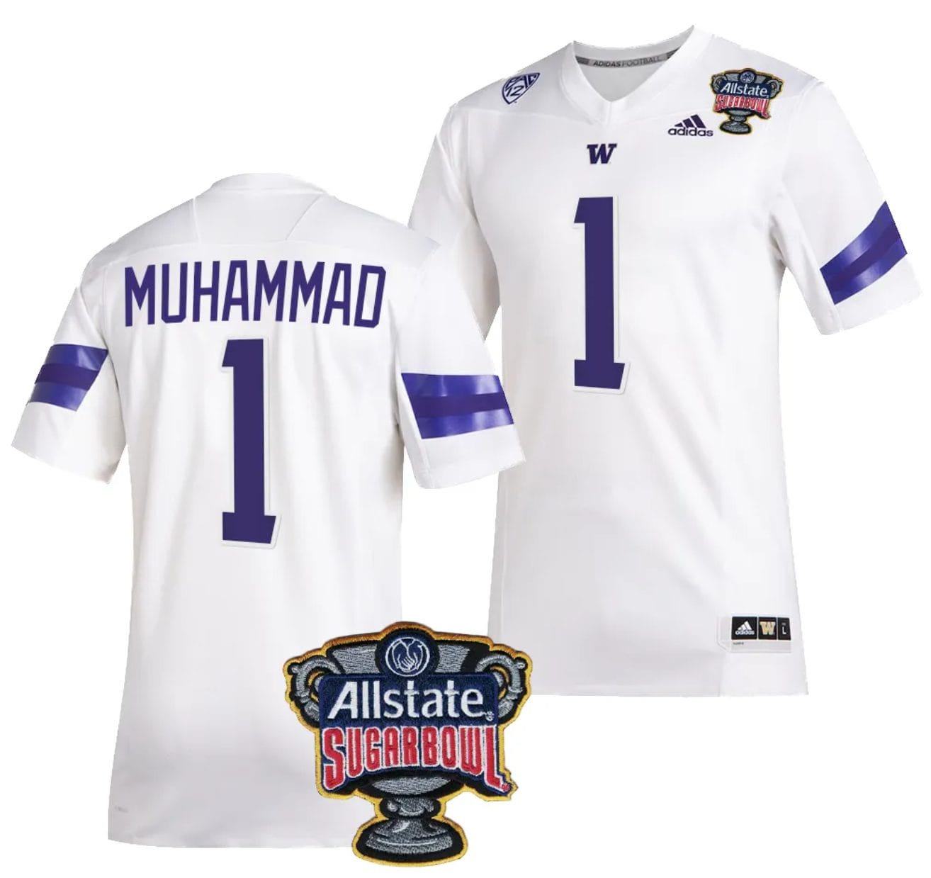 Men's Jabbar Muhammad Jersey #1 Washington Huskies Allstate Sugar Bowl Patch 2024 College Football White