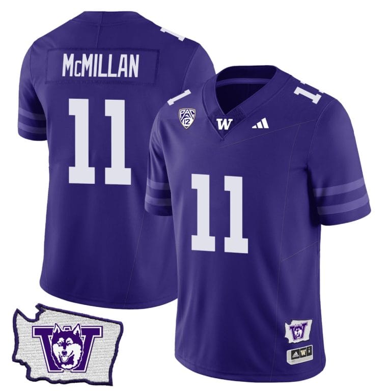 Men's Jalen McMillan Jersey #11 Washington Huskies Washington Map Patch Football Purple