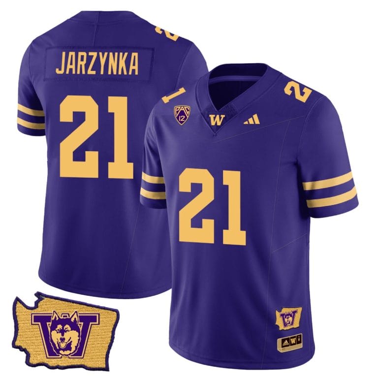 Men's Joe Jarzynka Jersey #21 Washington Huskies Washington Map Patch Football Purple Gold