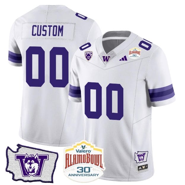 Men's Custom Washington Huskies Jersey Name and Number Alamo Bowl Patch Football White