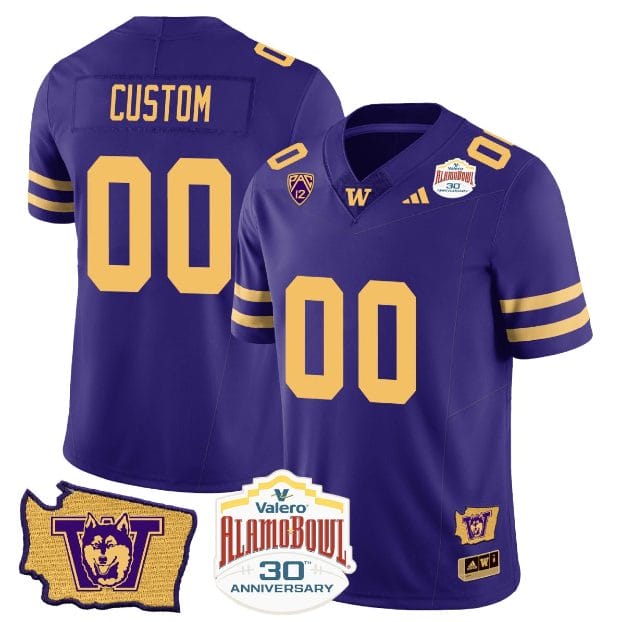 Men's Custom Washington Huskies Jersey Name and Number Alamo Bowl Patch Football Purple Gold