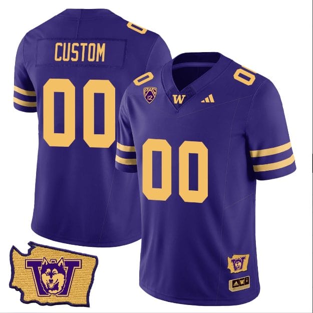 Men's Custom Washington Huskies Jersey Name and Number Washington Map Patch Football Purple Gold