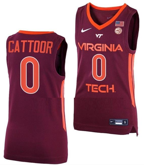 Men's Hunter Cattoor Jersey Virginia Tech Hokies College Basketball Away Maroon #0