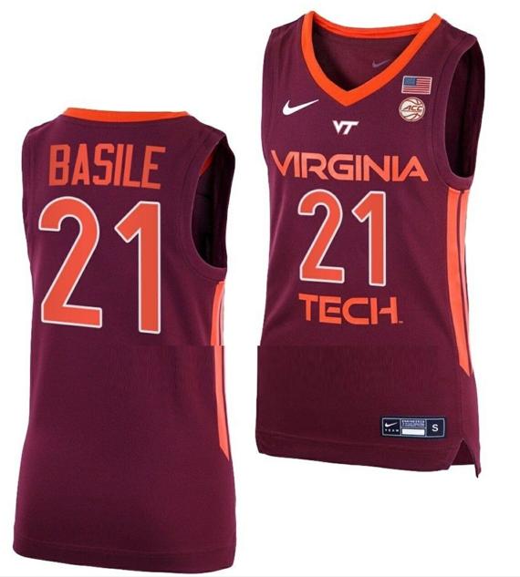 Men's Grant Basile Jersey Virginia Tech Hokies College Basketball Away Maroon #21