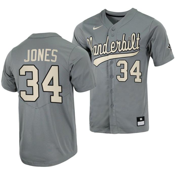 Men's Spencer Jones Jersey Vanderbilt Commodores Baseball NCAA College Grey Alumni #34