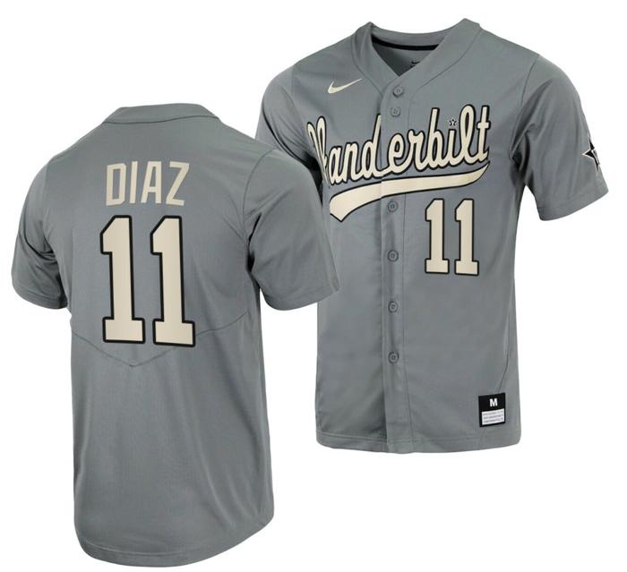 Men's Davis Diaz Jersey Vanderbilt Commodores College Baseball Full-Button Grey #11