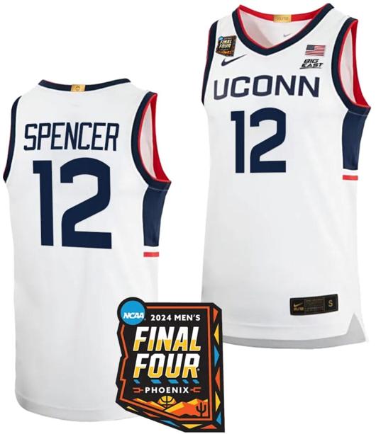 Men's Cam Spencer Jersey #12 UConn Huskies Basketball 2024 NCAA March Madness Final Four White