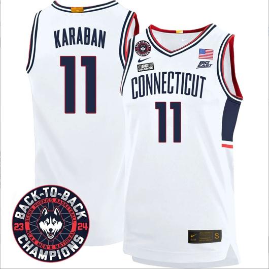 Men's Alex Karaban Jersey #11 UConn Huskies Basketball 2024 Back To Back Champions Patch White