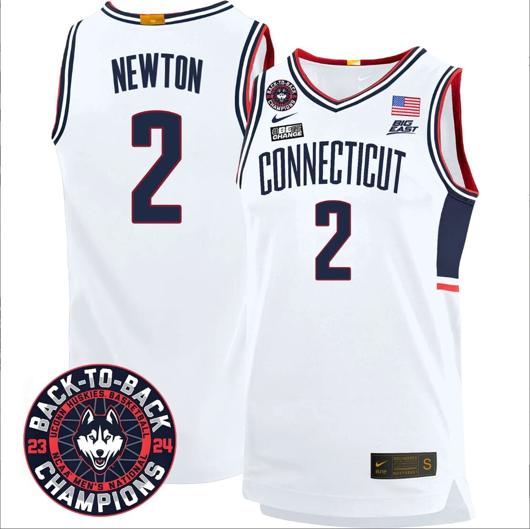 Men's Tristen Newton Jersey #2 UConn Huskies Basketball 2024 Back To Back Champions Patch White