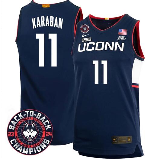 Men's Alex Karaban Jersey #11 UConn Huskies Basketball 2024 Back To Back Champions Patch Navy