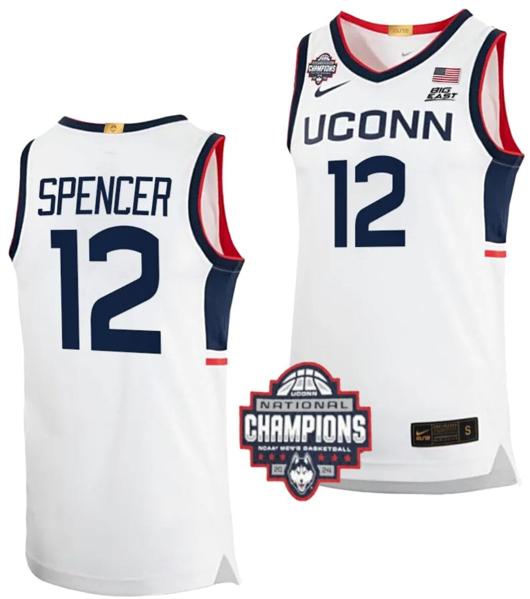 Men's Cam Spencer Jersey #12 UConn Huskies 2024 NCAA Basketball National Champions White Elite