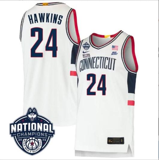 Men's Jordan Hawkins Jersey #24 UConn Huskies 2023 National Champions College Basketball White