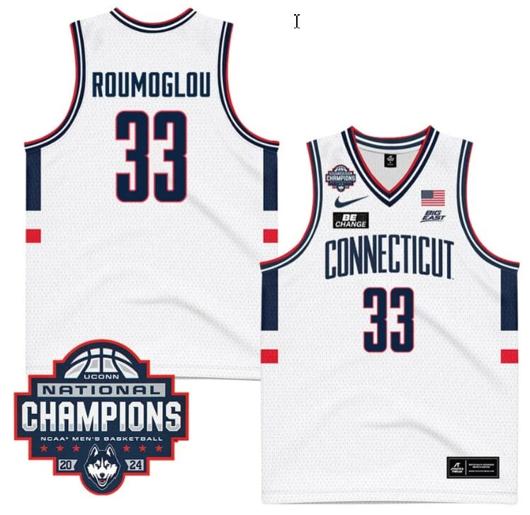 Men's Apostolos Roumoglou Jersey #33 UConn Huskies 2024 NCAA Basketball National Champions White