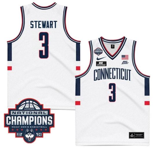 Men's Jaylin Stewart Jersey #3 UConn Huskies 2024 NCAA Basketball National Champions White