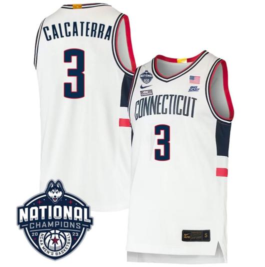 Men's Joey Calcaterra Jersey #3 UConn Huskies 2023 National Champions College Basketball White