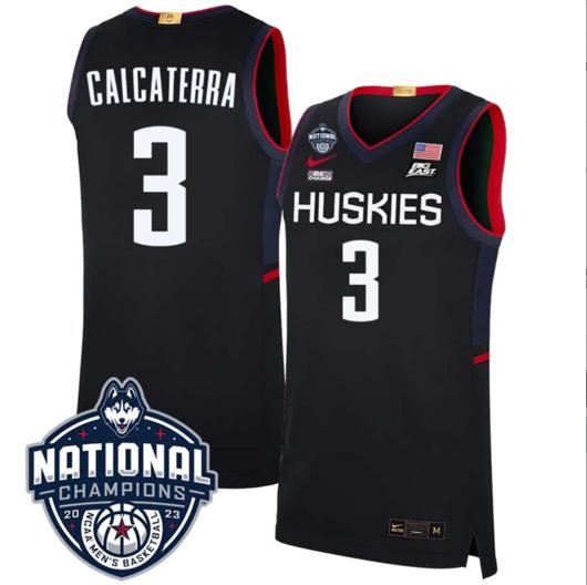 Men's Joey Calcaterra Jersey #3 UConn Huskies 2023 National Champions College Basketball Black