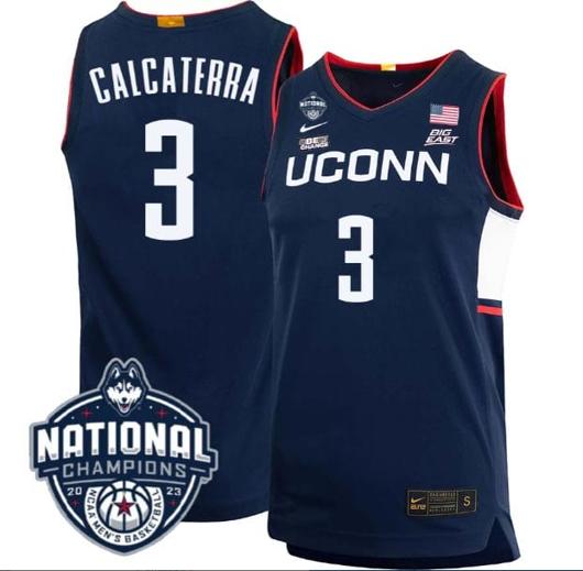 Men's Joey Calcaterra Jersey #3 UConn Huskies 2023 National Champions College Basketball Navy