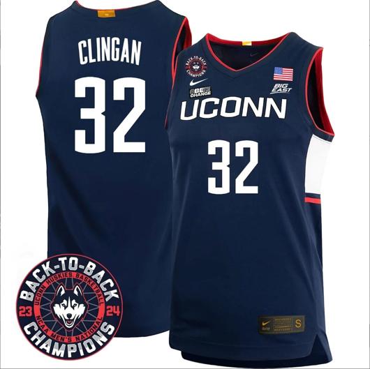 Men's Donovan Clingan Jersey #32 UConn Huskies Basketball 2024 Back To Back Champions Patch Navy