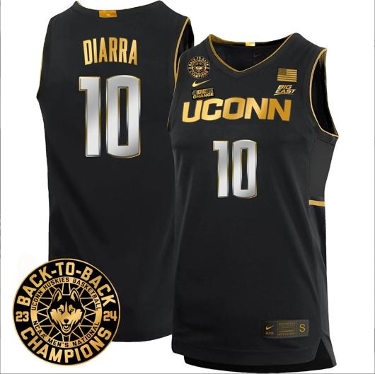 Men's Hassan Diarra Jersey #10 UConn Huskies Basketball 2024 Back To Back Champions Patch Black Gold