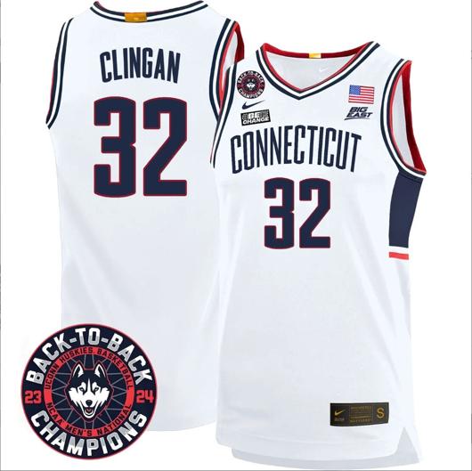 Men's Donovan Clingan Jersey #32 UConn Huskies Basketball 2024 Back To Back Champions Patch White