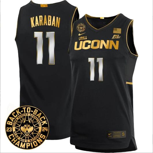 Men's Alex Karaban Jersey #11 UConn Huskies Basketball 2024 Back To Back Champions Patch Black Gold