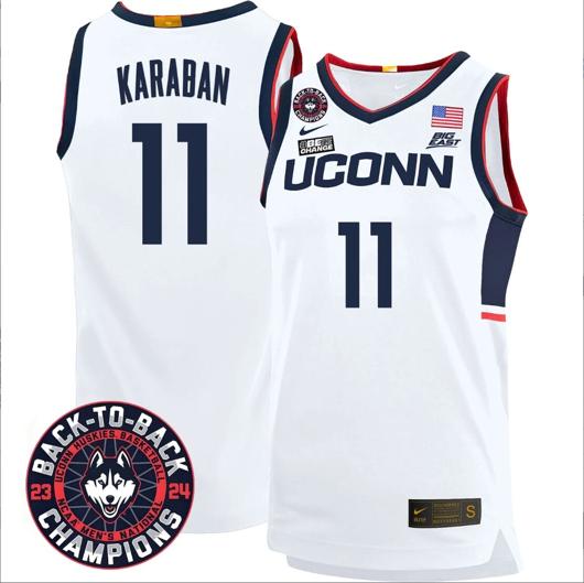 Men's Alex Karaban Jersey #11 UConn Huskies Basketball 2024 Back To Back Champions Patch White Home