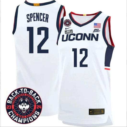 Men's Cam Spencer Jersey #12 UConn Huskies Basketball 2024 Back To Back Champions Patch White Home