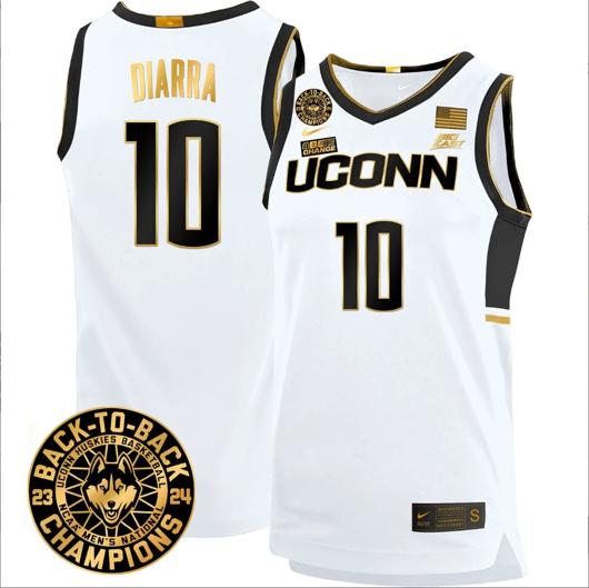 Men's Hassan Diarra Jersey #10 UConn Huskies Basketball 2024 Back To Back Champions Patch White Gold