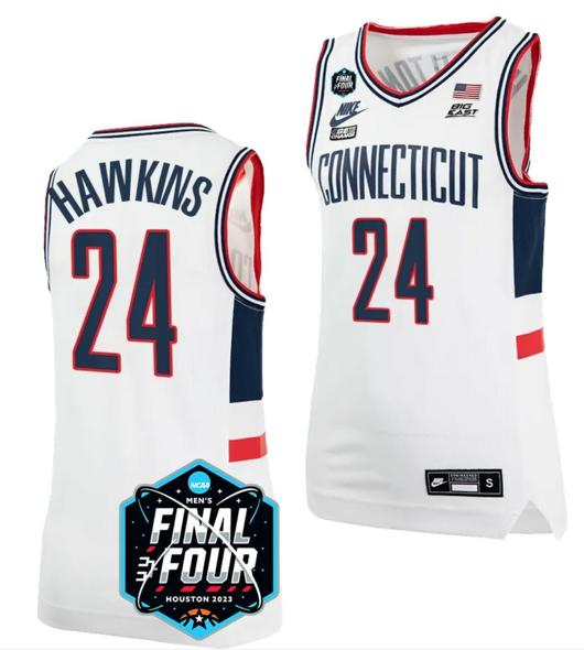 Men's Jordan Hawkins Jersey UConn Huskies 2023 NCAA National Championship March Madness White #24