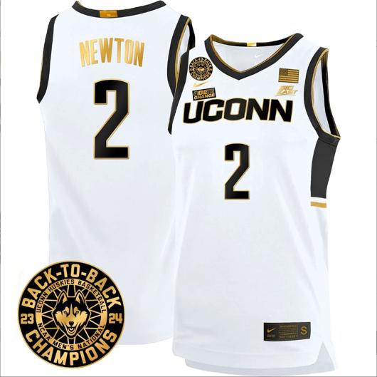 Men's Tristen Newton Jersey #2 UConn Huskies Basketball 2024 Back To Back Champions Patch White Gold