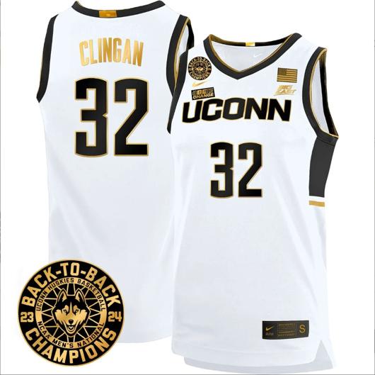 Men's Donovan Clingan Jersey #32 UConn Huskies Basketball 2024 Back To Back Champions Patch White Gold