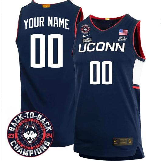 Men's Custom UConn Huskies Basketball Jersey 2024 Back To Back Champions Patch Navy