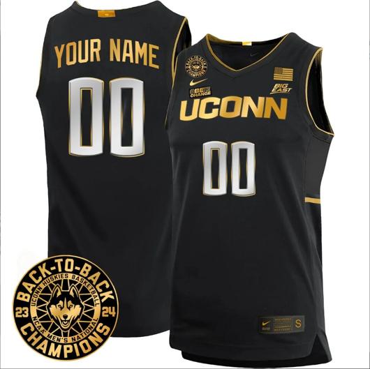 Men's Custom UConn Huskies Basketball Jersey 2024 Back To Back Champions Patch Black Gold