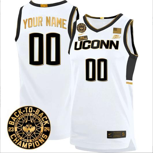 Men's Custom UConn Huskies Basketball Jersey 2024 Back To Back Champions Patch White Gold