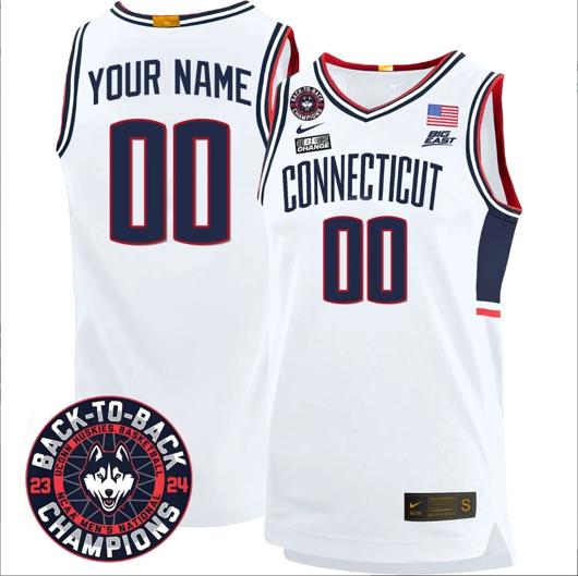 Men's Custom UConn Huskies Basketball Jersey 2024 Back To Back Champions Patch White