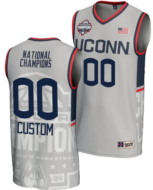 Men's Custom UConn Huskies Jersey Name and Number 2024 NCAA Basketball National Champions Lightweight Gray