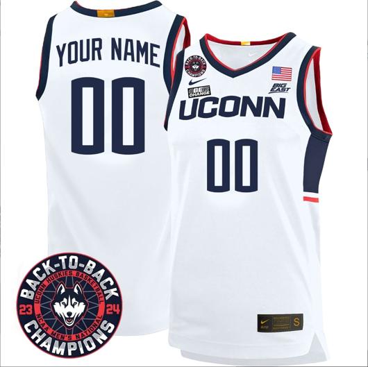 Men's Custom UConn Huskies Basketball Jersey 2024 Back To Back Champions Patch White Home