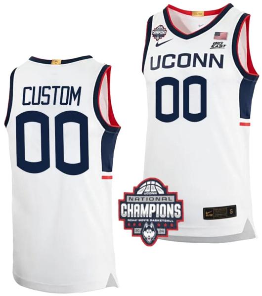 Men's Custom UConn Huskies Jersey Name and Number 2024 NCAA Basketball National Champions White Elite