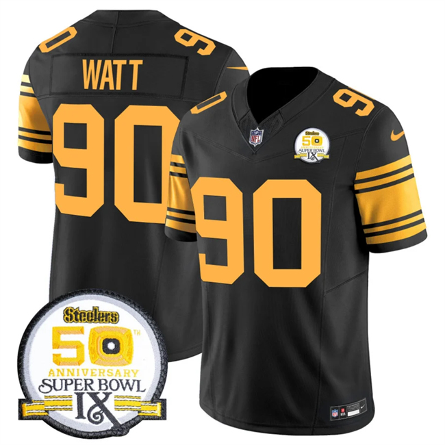 Men's Pittsburgh Steelers #90 T.J. Watt Black 2024 F.U.S.E. 50th Anniversary Of Super Bowl IX Color Rush Limited Stitched Jersey