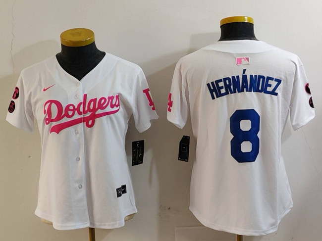 Youth Los Angeles Dodgers #8 Enrique Hernández White_Pink Vin & Kobe Patch Stitched Baseball Jersey