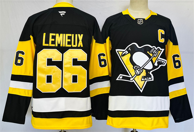 Men's Pittsburgh Penguins #66 Mario Lemieux Black 2024-25 Home With C Patch Stitched Hockey Jersey