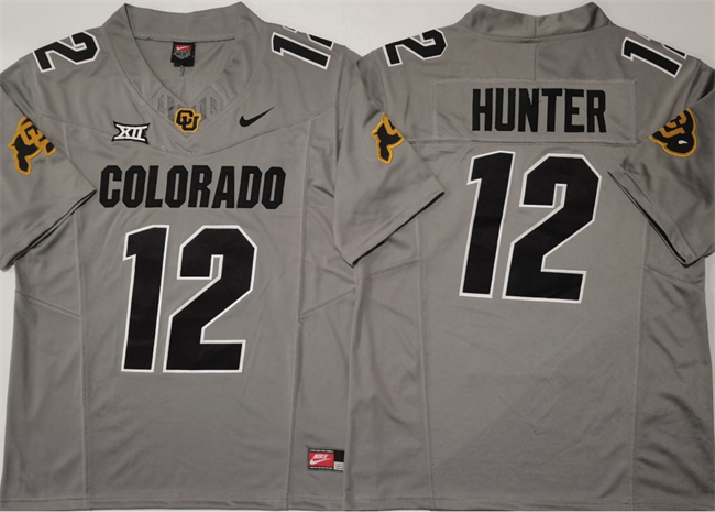 Men's Colorado Buffaloes #12 Travis Hunter Grey With Big 12 XII Patch 2024 F.U.S.E Stitched Football Jersey