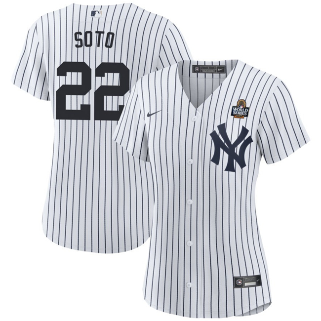 Women's New York Yankees #22 Juan Soto White 2024 World Series With Name Cool Base Stitched Baseball Jersey(Run Small)