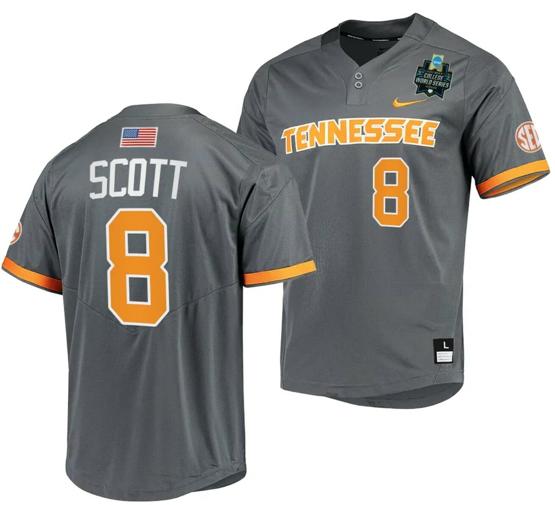 Men's Christian Scott Jersey Tennessee Volunteers #8 Gray 2023 NCAA Baseball College World Series OMAHA 8