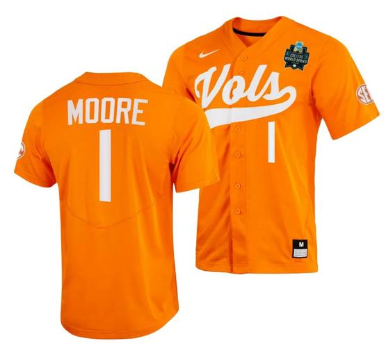 Men's Christian Moore Jersey Tennessee Volunteers #1 Orange 2023 NCAA Baseball College World Series OMAHA 8