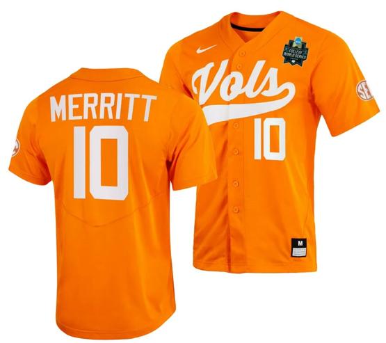 Men's Griffin Merritt Jersey Tennessee Volunteers #10 Orange 2023 NCAA Baseball College World Series OMAHA 8